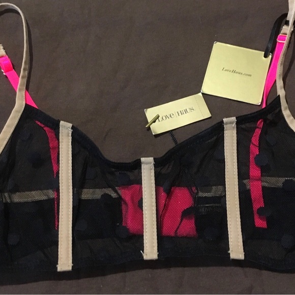 NWTS Love Haus womens black bralette beige & fuchsia straps mesh dot pattern - Picture 3 of 8